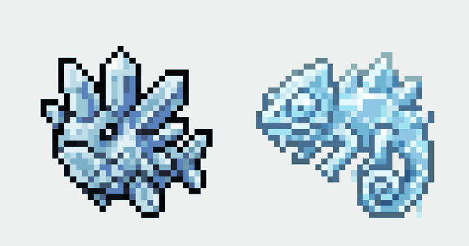 Two pixel art sprites of blue crystalline ice Pokémon, Articuno and Alolan Ninetales, on a white background.