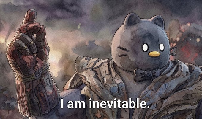 An edited illustration of Thanos from Avengers with a Hello Kitty cat head wearing a bow tie, captioned 'I am inevitable.'