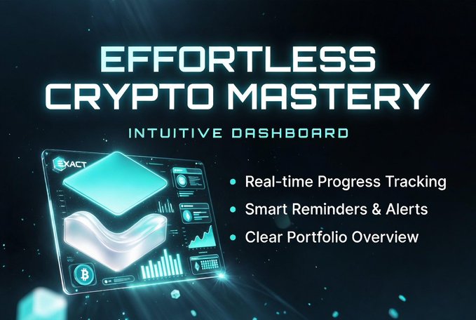 Promotional banner for 'Effortless Crypto Mastery' featuring an intuitive dashboard with real-time progress tracking, smart reminders & alerts, and clear portfolio overview, branded 'EXACT'.