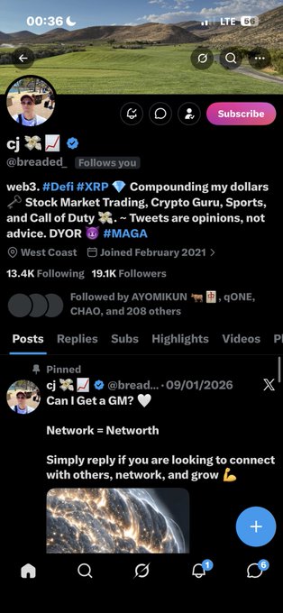 A Twitter/X profile for @breaded_ (cj) with bio mentioning web3, #DeFi, #XRP, Stock Market Trading, Crypto Guru, Sports, and tweets about networking.