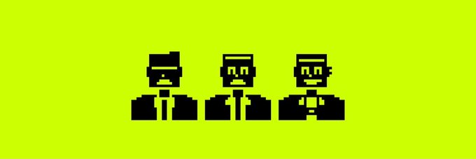 Three pixelated figures in suits stand side by side on a bright yellow background, resembling retro video game characters. The image serves as a simple promotional graphic accompanying a giveaway offer, though it contains no visible text, numbers, or names related to the post's details.