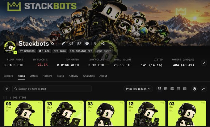A screenshot of an NFT marketplace page displays the 'Stackbots' collection by BEN2323, showing statistics like 0.0185 ETH floor price, 1,000 items, and various robot-themed character cards.