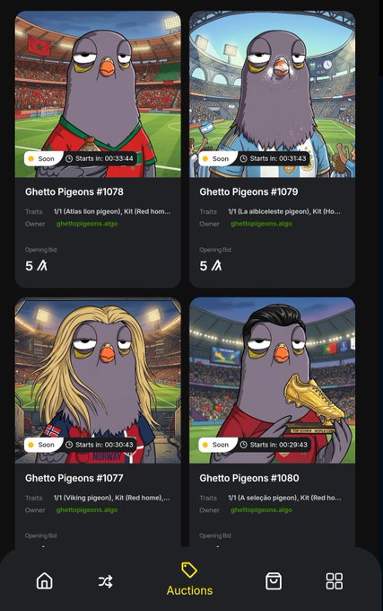 The image shows a mobile app interface displaying four "Ghetto Pigeons" (#1077-1080) up for auction, each with unique traits like "Atlas lion," "La albiceleste," "Viking," and "La selección" representing different national teams, all scheduled to start in 30-33 minutes with an opening bid of 5 Algo. This visually supports the post's announcement of World Cup edition pigeons being auctioned using $ALGO or $COO tokens, where holders earn passive rewards when their pigeon's country wins matches.