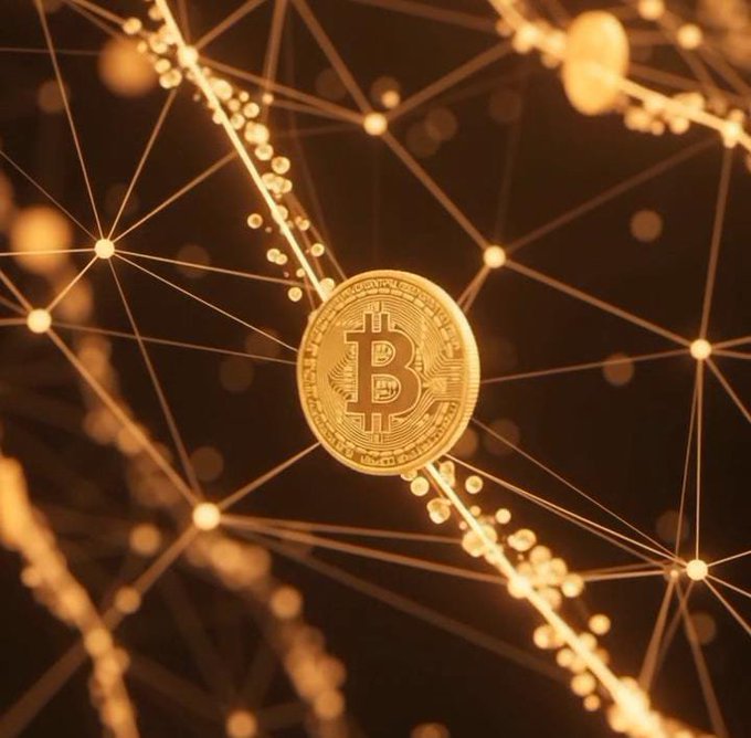 A golden Bitcoin cryptocurrency coin floats against a dark background illuminated by an interconnected network of glowing orange nodes and lines, symbolizing blockchain technology.