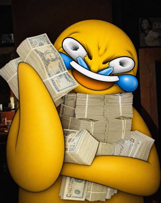 A 3D-rendered yellow emoji character with a manic, crying-laughing expression, clutching stacks of US dollar bills.