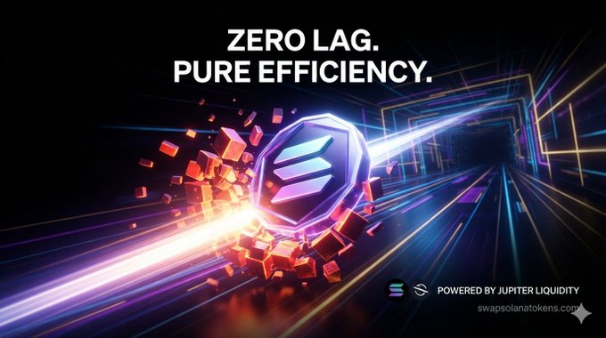 A promotional graphic reading 'ZERO LAG. PURE EFFICIENCY.' for 'swap solana tokens.com' powered by Jupiter Liquidity.