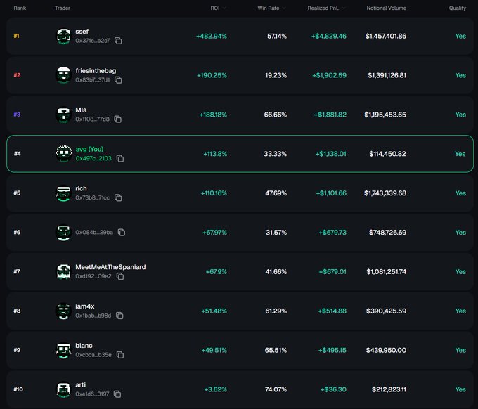 A cryptocurrency trading leaderboard ranking traders by ROI and profit, showing wallet addresses and trading statistics, with "avg (You)" highlighted at rank #4 with a 113.8% ROI.