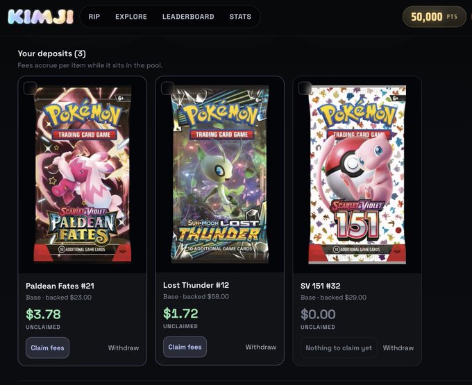 A screenshot of a website called KIMSI showing a "Your deposits" section with three Pokémon Trading Card Game packs: Paldean Fates #21 ($3.78), Lost Thunder #12 ($1.72), and SV 151 #32 ($0.00).