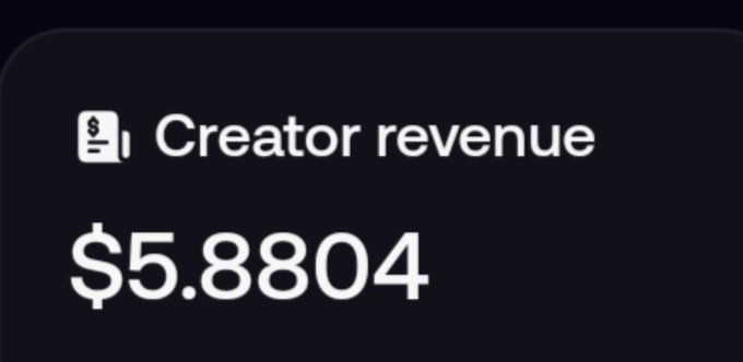 A screenshot displays creator revenue earnings of $5.8804 next to a document icon with a dollar sign on a dark background. The modest amount humorously illustrates the poster's sarcastic commentary about waiting "a few years" to afford a nice dinner if they keep winning $5 bets on 200x calls.