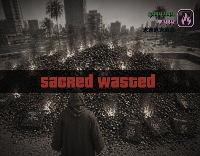 A Grand Theft Auto-style 'sacred wasted' screen showing a hooded character standing before a fiery grave, with stats indicating '5 kills, 11 kills' and 'Bored Ape' style tribute photos.