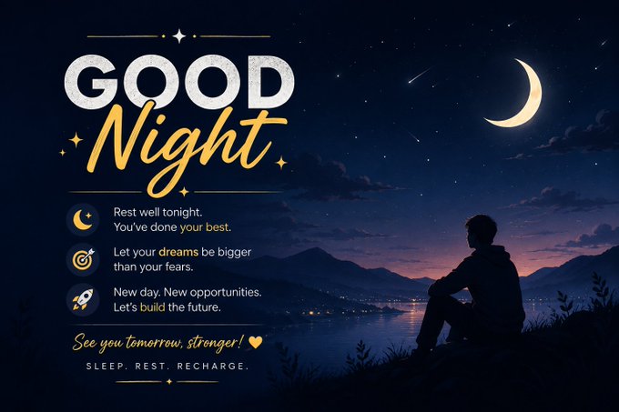 A 'Good Night' graphic with motivational text including 'Rest well tonight. You've done your best' and 'See you tomorrow, stronger!' featuring a silhouetted figure overlooking a starry night landscape.