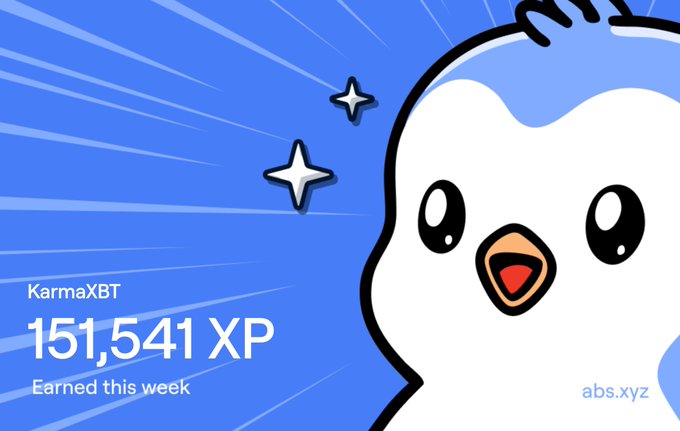 A blue graphic featuring a white cartoon bird mascot with text showing 'KarmaXBT 151,541 XP Earned this week' and the website 'abs.xyz'.