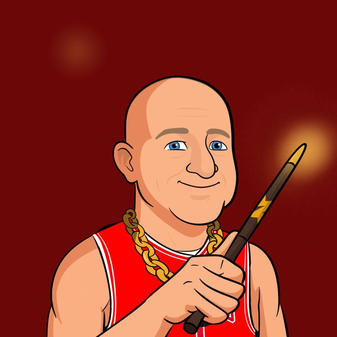 A cartoon illustration of a bald man with blue eyes wearing a red basketball jersey and a gold chain, holding a black pen with a gold tip.