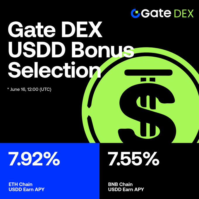 The image shows a promotional advertisement for Gate DEX USDD Bonus Selection event that took place on June 18th at 12:30 UTCT. It features an illustration of the dollar sign symbol, surrounded by three coins - one green and two blue, with the green coin being more prominent than the other ones. The text below the coins reads "Gate DEX USDD Bonus Selection", indicating that the event was a part of Gate DEX's bonus selection.