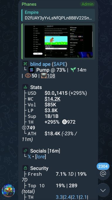 A screenshot of a Telegram trading bot interface for the token 'blind ape ($APE)' on the Empire chain, showing stats including an MC of $14.2K, a Liquidity of $3.8K, and a volume of $749.