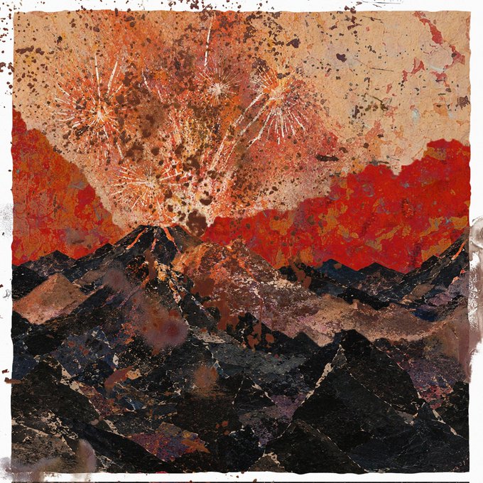 The image features a painting of a mountain landscape with a volcano at its center, surrounded by mountains. The painting has been altered or edited to include a firework explosion over the top of the volcano, creating an interesting contrast between the natural beauty of the scene and the destructive force of the firework display. This artistic choice adds depth and complexity to the image, making it more visually engaging for viewers.