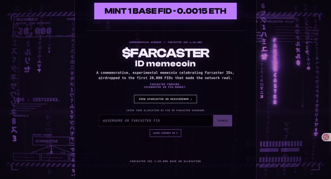 A dark, glitch-art style webpage for '$FARCASTER ID memecoin' with purple text and digital distortion effects, advertising a commemorative memecoin airdropped to the first 20,000 Farcaster FIDs for 'MINT1BASE FID 0.0015 ETH'.