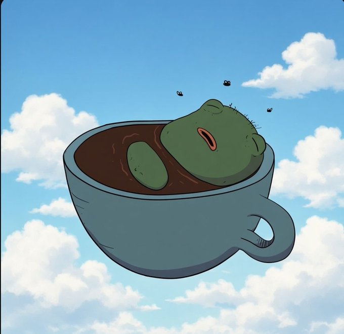 An illustration of a green character sleeping in a floating cup of coffee against a cloudy blue sky.