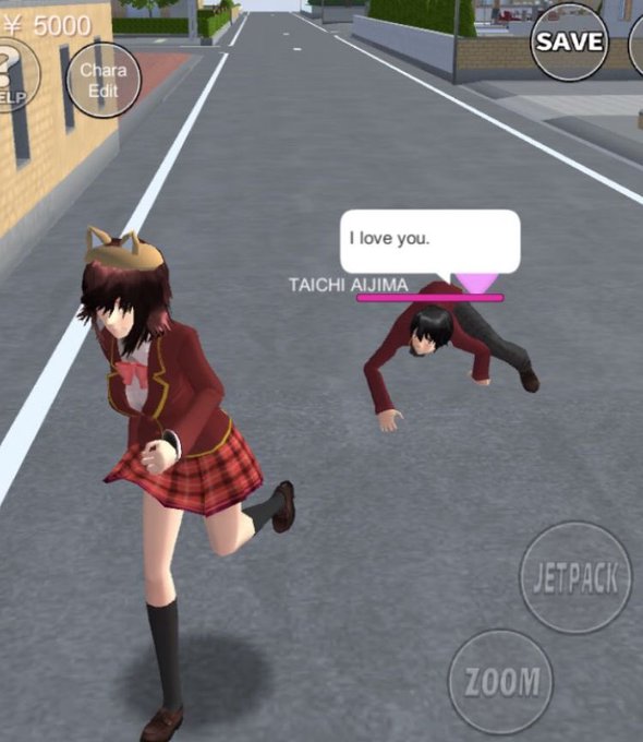 A screenshot from a 3D anime-style school simulator game showing a female character in a red blazer and plaid skirt running down a street, while a male character labeled 'TAICHI AIJIMA' crawls on the ground saying 'I love you' in a speech bubble.