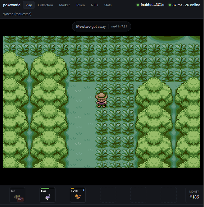 A screenshot of the pokeworld game interface showing a pixelated character walking through a grassy area, with 'Mewtwo got away next in 7:21' displayed at the top.