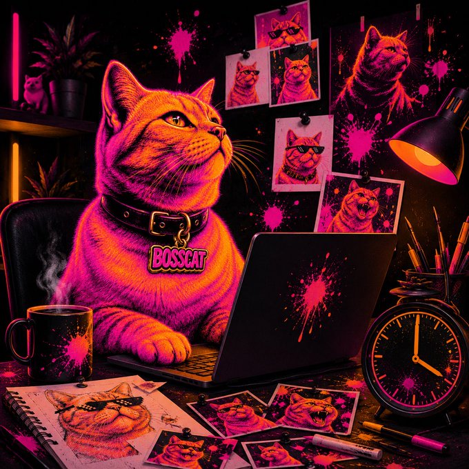 A neon pink and orange digital illustration of an orange tabby cat wearing a spiked collar labeled 'BOSSCAT', sitting at a desk with a laptop displaying a splash design, surrounded by sketches and polaroids of cats wearing sunglasses.