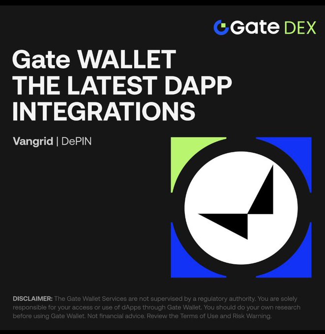 A promotional graphic for Gate DEX announces 'Gate WALLET THE LATEST DAPP INTEGRATIONS' featuring Vangrid and DePIN, alongside the Gate Wallet logo.