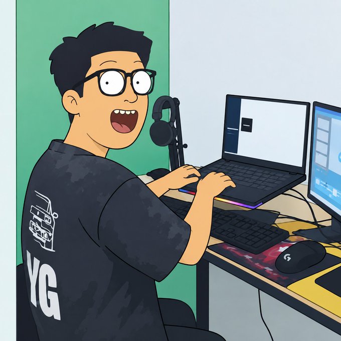 A cartoon illustration of a young man with glasses smiling widely while using a laptop and gaming setup, wearing a black shirt with 'YG' printed on it.