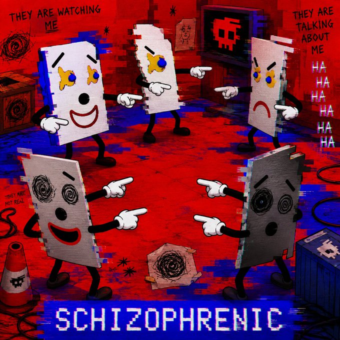 A digital illustration depicts anthropomorphic paper characters with cartoon faces pointing fingers at each other in a chaotic red room, surrounded by paranoid scribbles and text reading "THEY ARE WATCHING ME," "THEY ARE TALKING ABOUT ME," "HA HA HA HA HA," and "THEY'RE NOT REAL," with "SCHIZOPHRENIC" displayed prominently at the bottom—visually capturing the meme's theme of chaotic inner voices and shifting blame among multiple personalities.