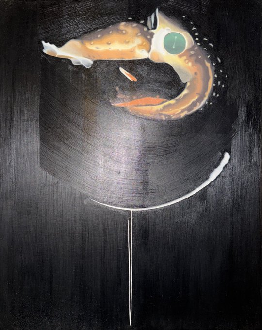 A 2007 oil-on-canvas painting titled "Europa" featuring a surreal, collage-style figure with a green eye and orange-toned textured head set against a dark, brush-streaked background. The caption highlights the artist's experimental phase learning to work with a brush and humorously notes the artwork predates cryptocurrency.