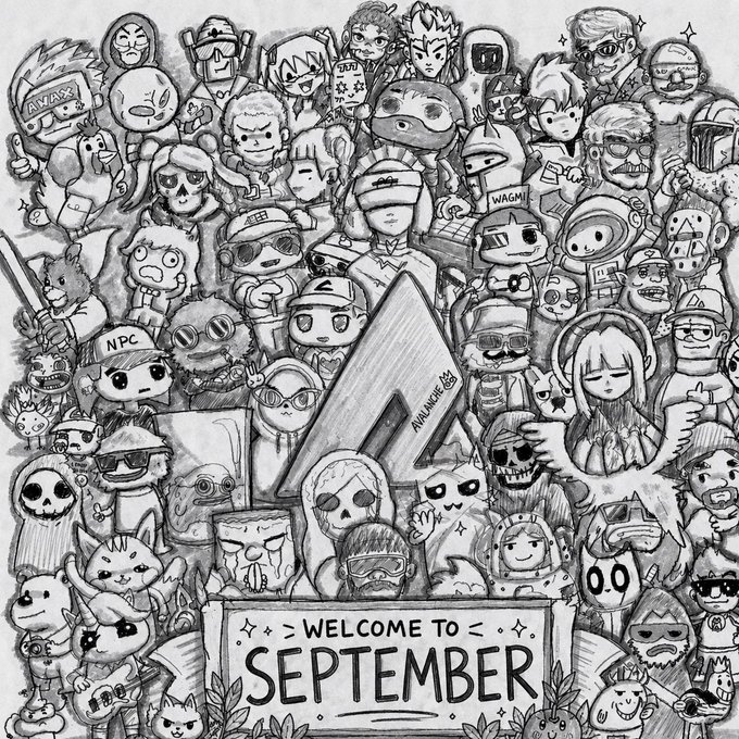 A detailed pencil-style illustration featuring a large crowd of characters with a banner reading 'WELCOME TO SEPTEMBER'.