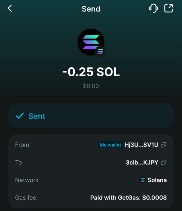 A cryptocurrency wallet app screenshot shows a successful transaction of -0.25 SOL sent on the Solana network, with a gas fee paid via GetGas of $0.0008.