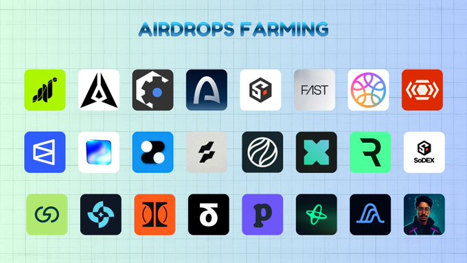 The image features a grid with various logos for different companies or brands. The logos include "Airdrops Farming", "Fast", "FAST", "Grass", "GenLayer", "R", "S", "X", "P", "XDEX", and "BDSDK". These logos are arranged in rows, showcasing the diversity of the companies represented.