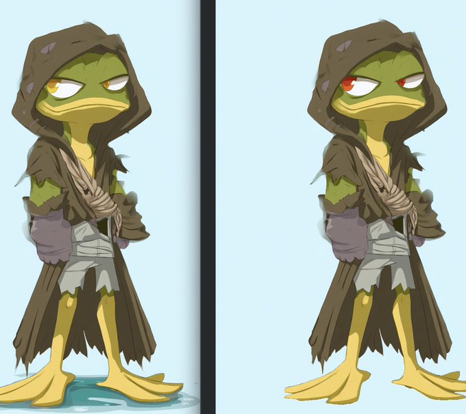 A side-by-side comparison of two animated frog-like character designs wearing tattered brown hooded robes with cloth wrappings, both featuring an unamused expression.