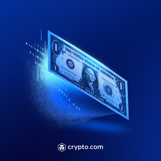 A one-dollar bill dissolves into digital binary code, symbolizing the transformation of traditional currency, with the Crypto.com logo displayed below. The image reinforces the tagline "Money, upgraded." by visually representing the shift from physical cash to digital assets.