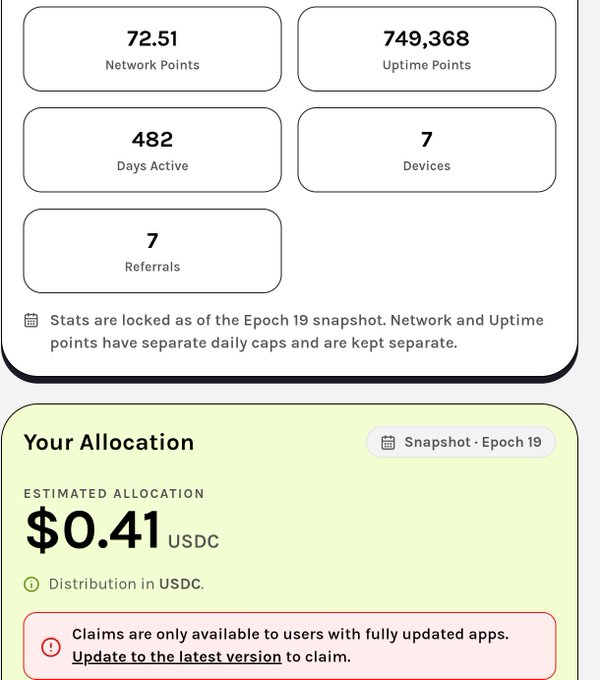 A mobile app dashboard showing Network Points (72.51), Uptime Points (749,368), 482 Days Active, 7 Devices, 7 Referrals, and an estimated USDC allocation of $0.41.