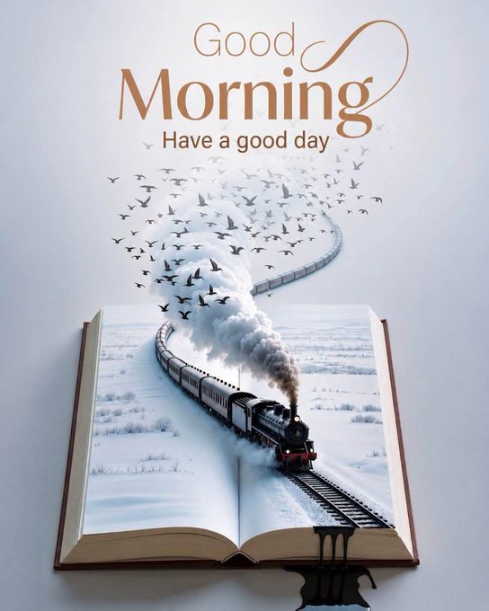 A 3D-rendered 'Good Morning, Have a good day' greeting card showing a steam train emerging from an open book with birds flying in a spiral pattern into the sky.