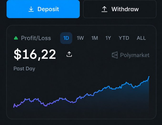 The image depicts a screenshot of a stock market dashboard, specifically focusing on the Polymarket trading platform's profit loss indicator. The graph shows a downward trend with two peaks representing past days. This information implies that there might be potential issues regarding the profitability or stability of the portfolio in question. Based on this data, it is suggested to aim for at least 10,000 units (or $10,000) to increase one's chances of receiving the $POLY airdrop.