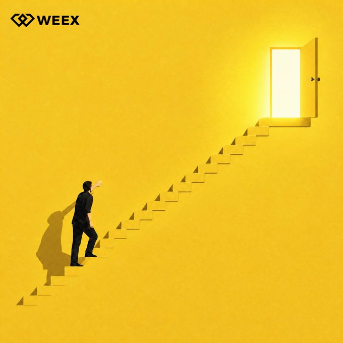 A yellow-toned graphic for 'WEEX' showing a man walking up a staircase toward an open, glowing door.