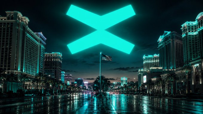 A glowing teal 'X' logo superimposed over a nighttime cityscape resembling the Las Vegas Strip.