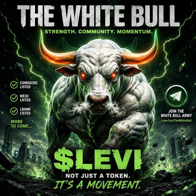 A promotional graphic for 'THE WHITE BULL' cryptocurrency featuring a muscular white bull with glowing orange horns and red eyes. Text reads 'STRENGTH. COMMUNITY. MOMENTUM.', lists CoinGecko, Mexc, and LBank as listed, and displays '$LEVI' with the tagline 'NOT JUST A TOKEN. IT'S A MOVEMENT.' along with a Telegram link.