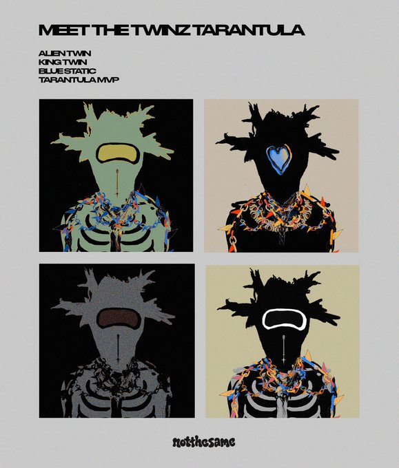 An album cover titled 'MEET THE TWINZ TARANTULA' by Alientwnz, KingTwnz, Bluestatic, and TarantulaMVP, featuring four variations of a masked figure on a beige background with the text 'notthesame' at the bottom.
