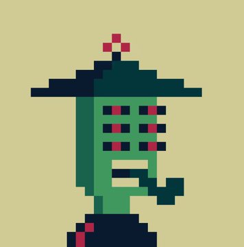 A pixel art character resembling a cactus with green and red coloring, a dark hat-like top, and a blocky body on a yellow background.