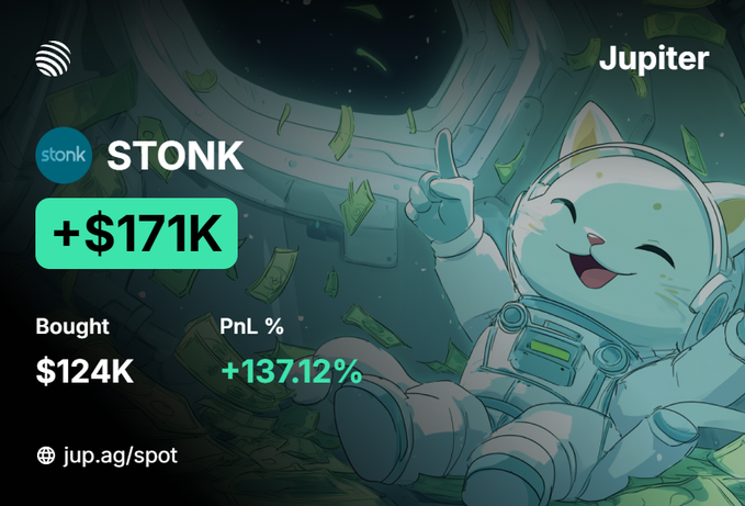 A promotional image for Jupiter's spot trading platform displays a celebratory cartoon cat astronaut in a spacesuit pointing upward amid floating cash, celebrating a +$171K gain on the STONK token, with details showing it was bought for $124K and has a PnL of +137.12%, while directing viewers to jup.ag/spot and tying into the poster's message of taking partial profits despite leaving upside on the table.