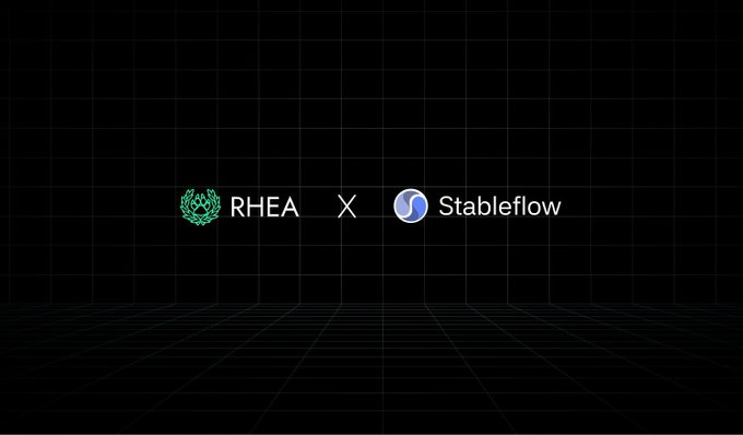A partnership announcement graphic featuring the logos of RHEA (a green wreath icon) and Stableflow (a blue circular icon) displayed side by side with an "X" between them on a dark grid background, promoting their collaboration to provide unlimited stablecoin liquidity for RHEA Bridge, supporting transactions of up to 500K stablecoins between $USDT, $USDC, and $frxUSD.