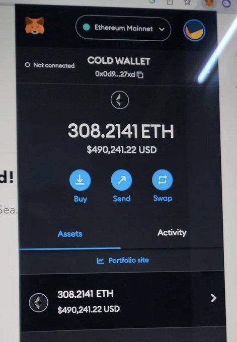 A screenshot of a cryptocurrency wallet application interface. The screen displays a balance of "308.2141 ETH" valued at "$490,241.22 USD" for a "COLD WALLET" on the "Ethereum Mainnet," with buttons for Buy, Send, and Swap.