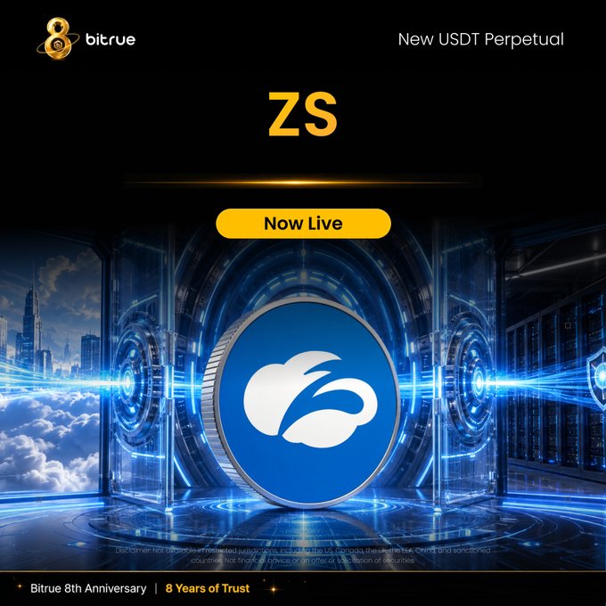 A promotional graphic from Bitrue announces the launch of the new ZS USDT Perpetual futures contract, featuring the ticker "ZS," a "Now Live" button, and a stylized blue coin logo set against a futuristic backdrop, tying into the post's announcement of ZSUSDT trading with up to 10x leverage and a 200,000 USDT reward event.