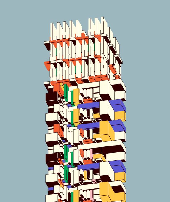 An abstract 3D illustration of a tall, complex architectural structure made of interlocking colorful blocks in white, orange, green, blue, and yellow against a light blue background.