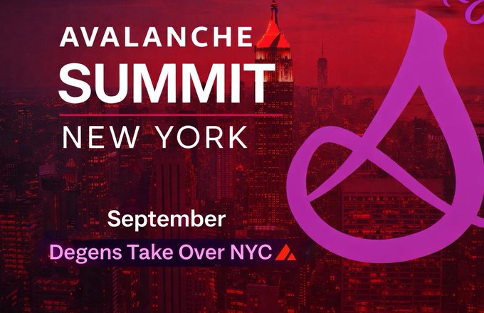 A promotional banner for the 'AVALANCHE SUMMIT NEW YORK' event in September with the tagline 'Degens Take Over NYC' set against a red-toned New York City skyline.