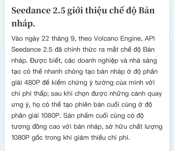 A Vietnamese-language news article announcing that Seedance 2.5 introduced a Draft mode, allowing creators to generate 480P previews before creating final 1080P versions at lower cost.