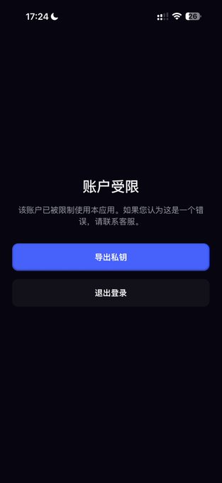 A mobile app screen in Chinese displaying '账户受限' (Account Restricted) with options to '导出私钥' (Export Private Key) and '退出登录' (Log Out).